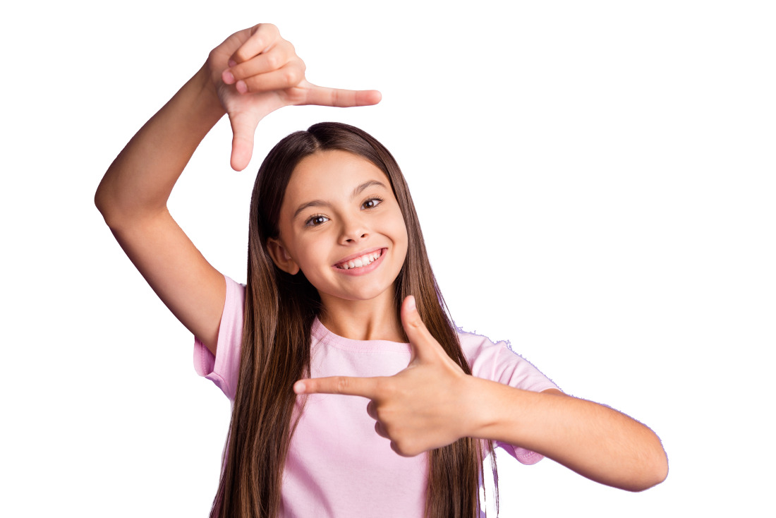 Photo of young cheerful girl happy positive smile make fingers border frame photographer cadre isolated over purple color background.
